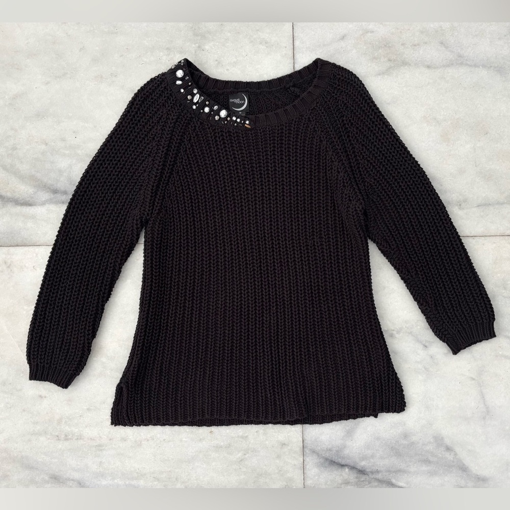 August Moon Sweater Black Embellished Open Chunky Knit Cotton Blend Women Medium